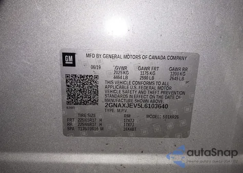 2020 Chevrolet Equinox Fwd 2Fl z USA, uszkodzony, nr VIN 2GNAXJEV5L6103640